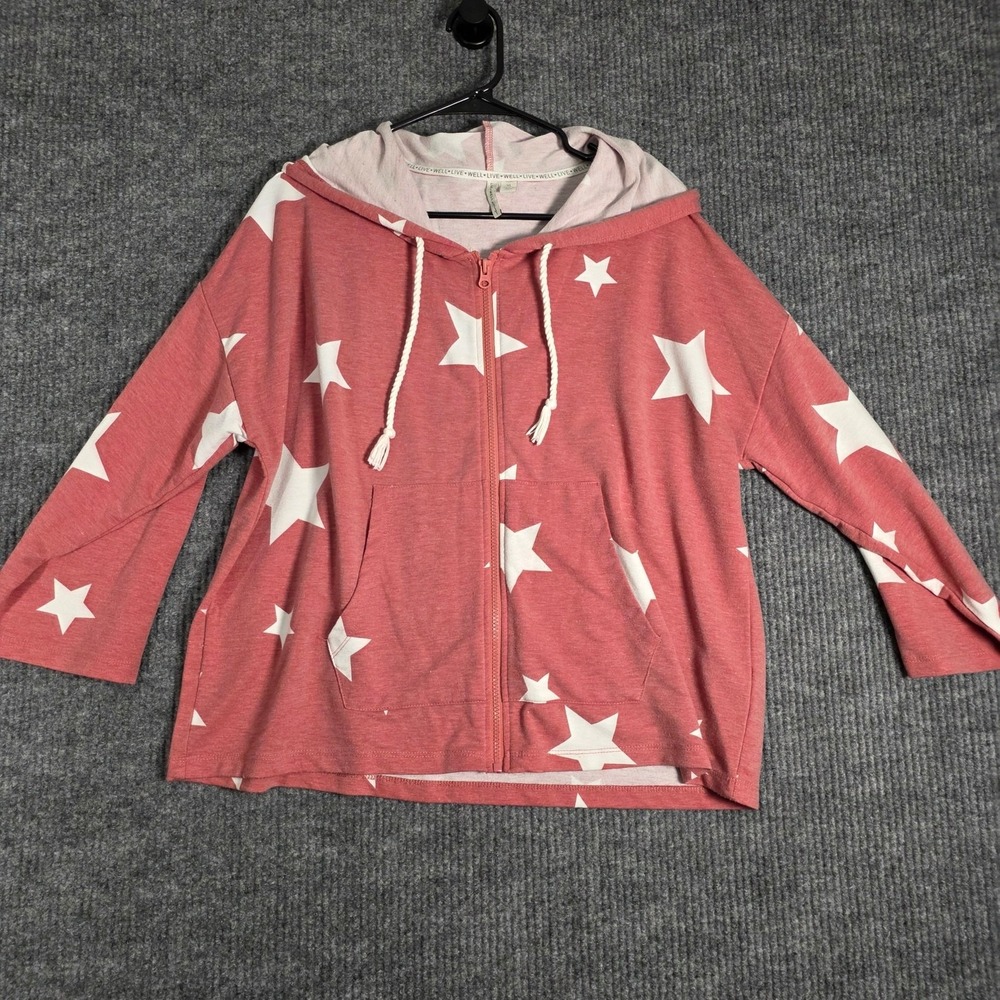 Live Well Star Print Hoodie Womens XL Pink Zip‎ Up Lightweight Lounge Sweatshirt